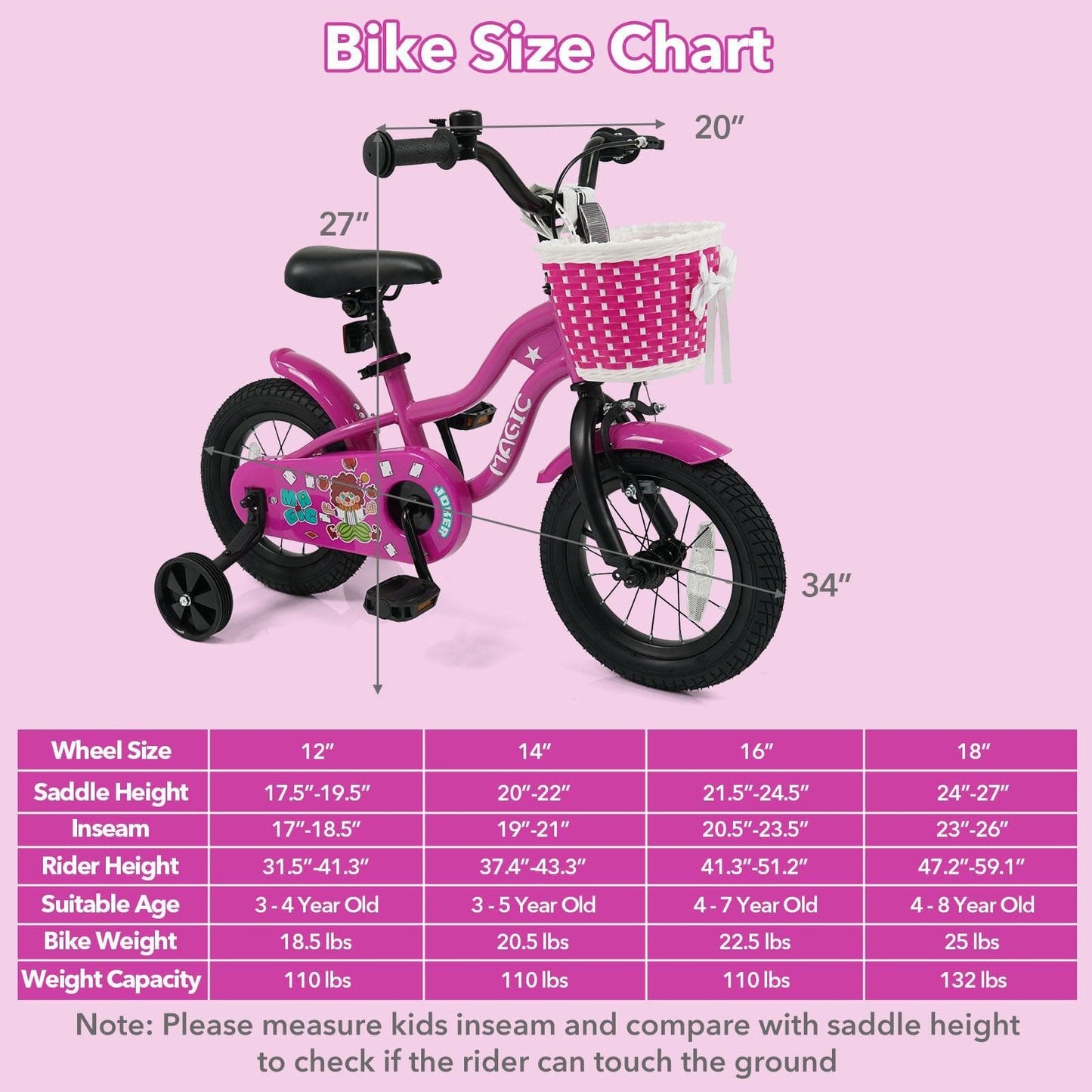 Kids Bike with Training Wheels 12-18 Inch - Magic Rose