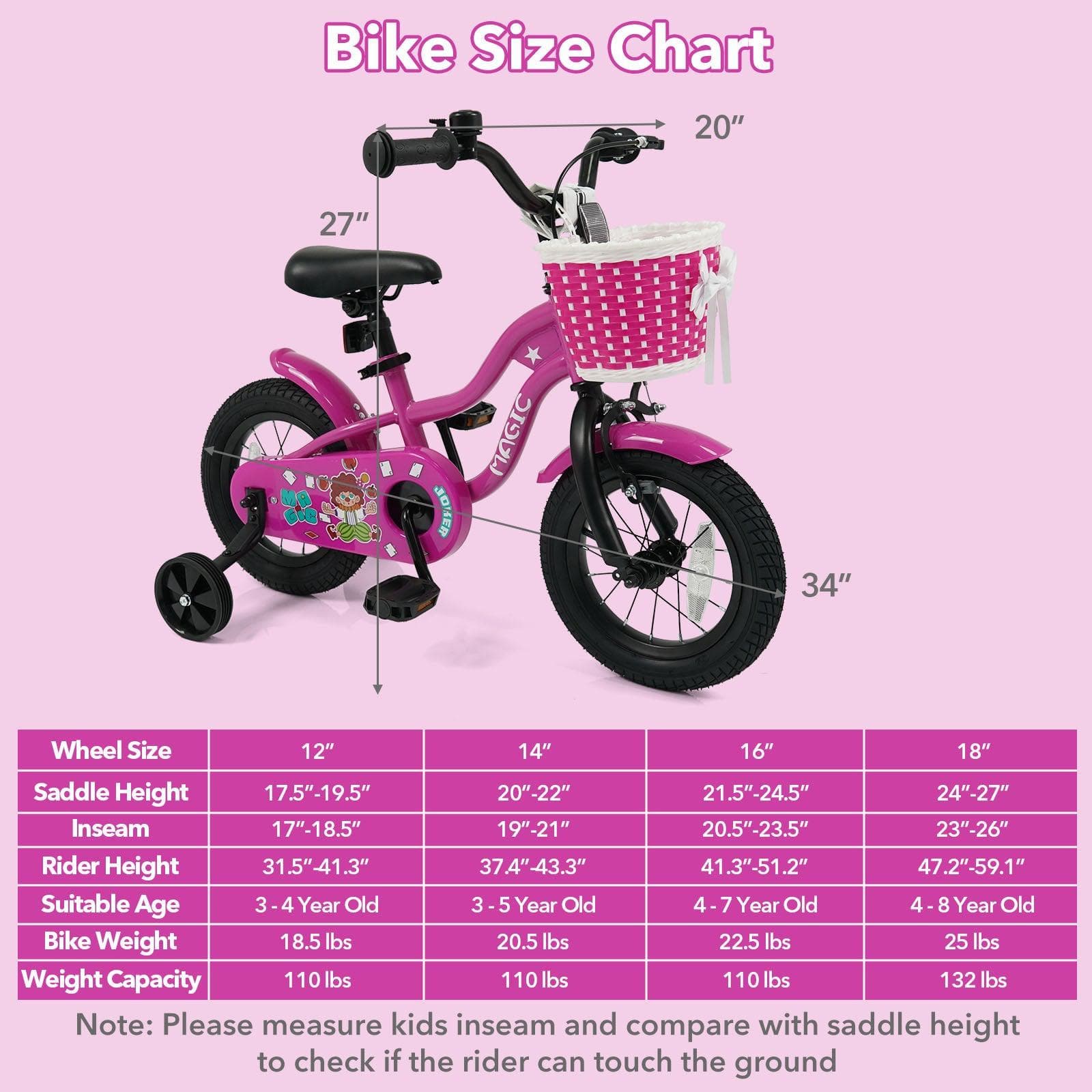 Kids Bike with Training Wheels 12-18 Inch - Magic Rose