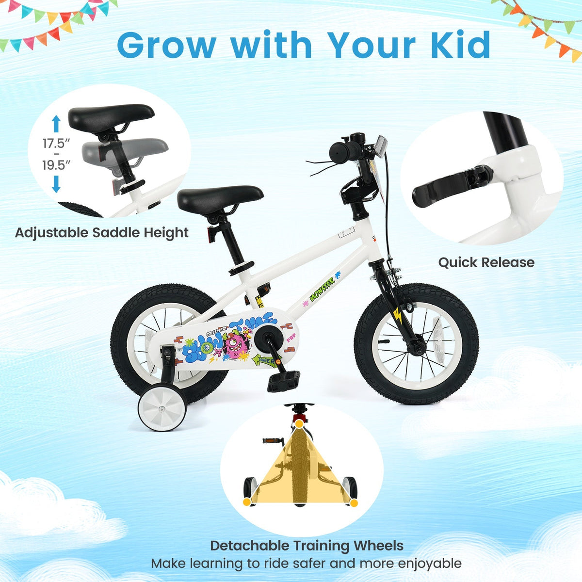 Kids Bike with Training Wheels 12-18 Inch White