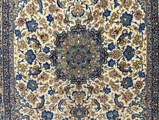 Persian Isfahan Rug 5x8, Kork Wool on Silk Foundation, 440 KPSI, Handmade Vintage Carpet, Floral Medallion Oriental Rug, Ivory & Blue, Very Fine