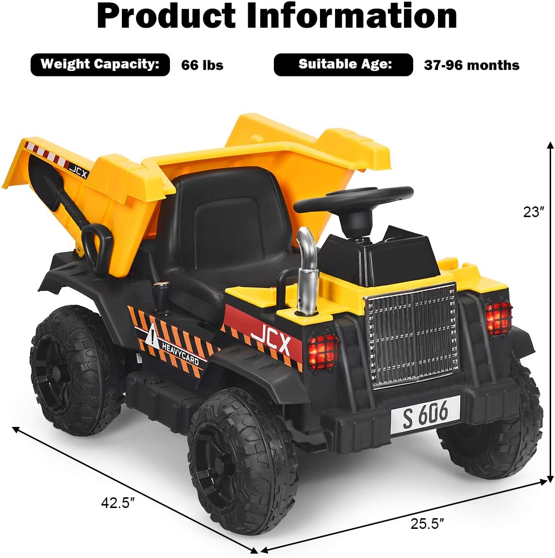 12V Dump Truck Ride-On with Remote Control, Music, Horn, USB, and AUX