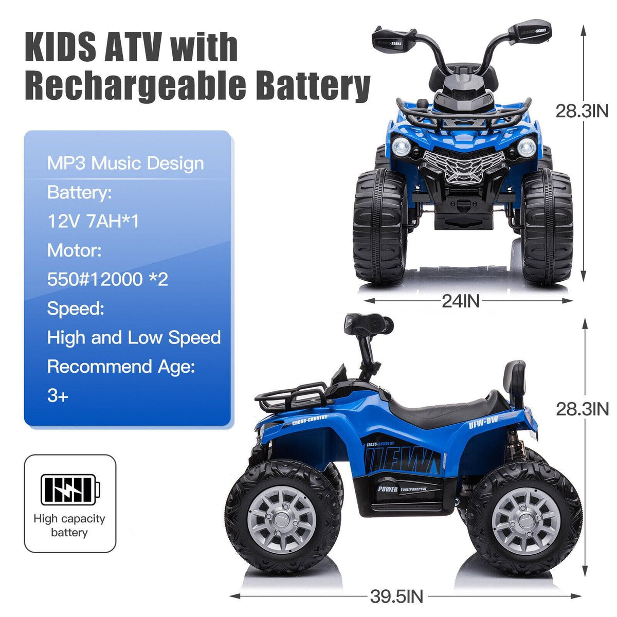 12V Electric Quad ATV for Kids with Fat Tires - Battery Powered 4-Wheeler Truck