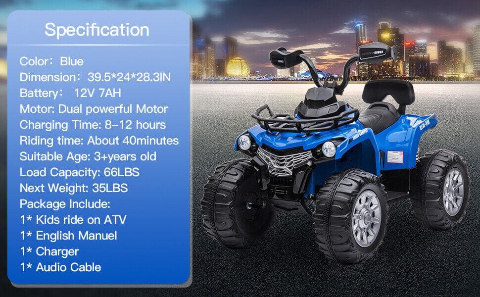 12V Electric Quad ATV for Kids with Fat Tires - Battery Powered 4-Wheeler Truck