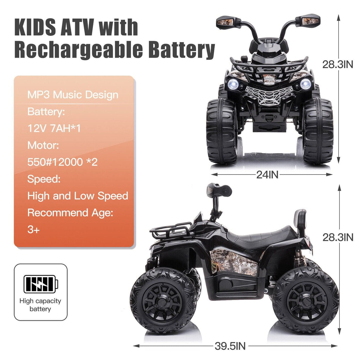 Electric Quad ATV Car for Kids - 12V Battery Powered 4-Wheeler with Fat Tires