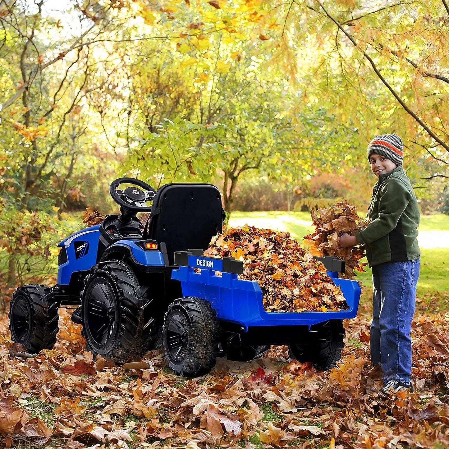 12V Kids Tractor Ride On Toy Car with Trailer, Music, and LED Lights - Perfect Gift for Toddlers