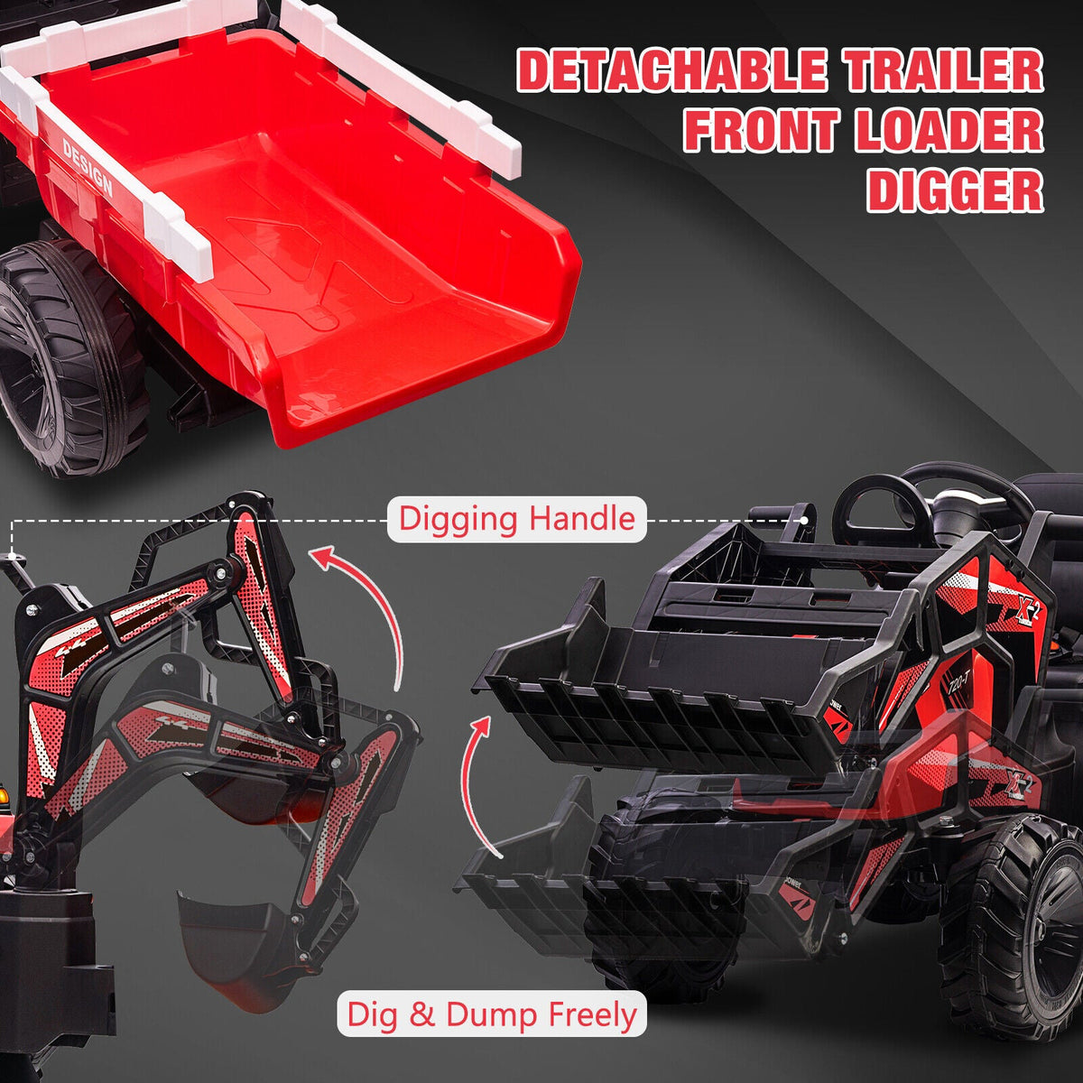 12V Kids Tractor Ride On Toy Car with Trailer, Music, and LED Lights - Perfect Gift for Toddlers