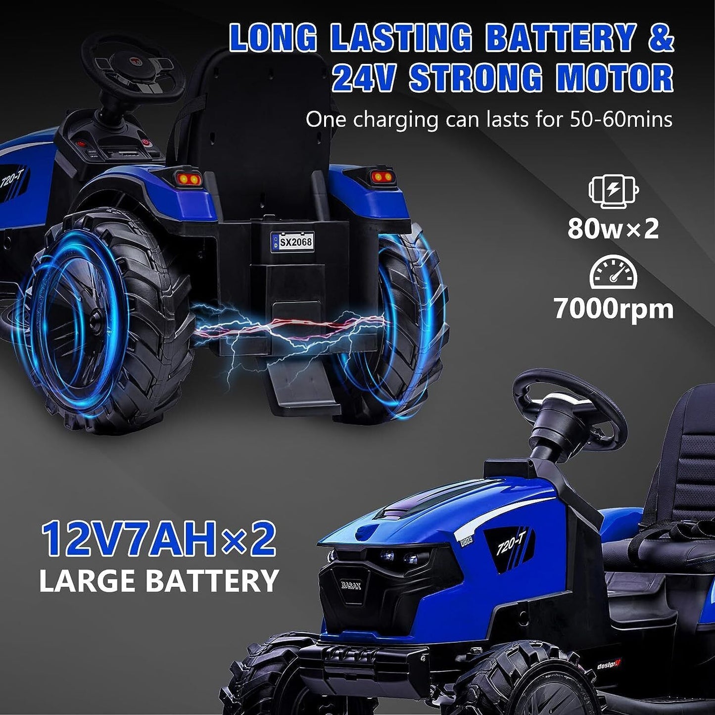 12V Kids Tractor Ride On Toy Car with Trailer, Music, and LED Lights - Perfect Gift for Toddlers