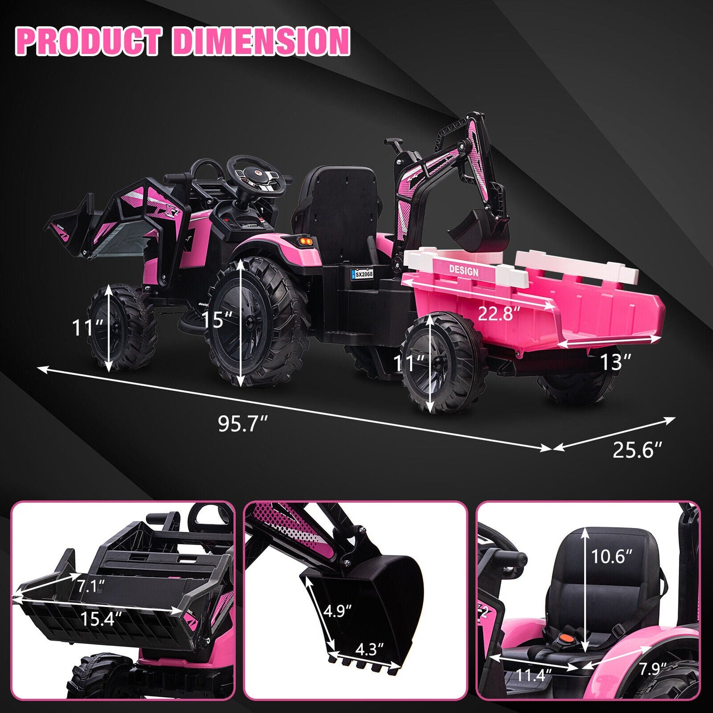 12V Kids Tractor Ride On Toy Car with Trailer, Music, and LED Lights - Perfect Gift for Toddlers
