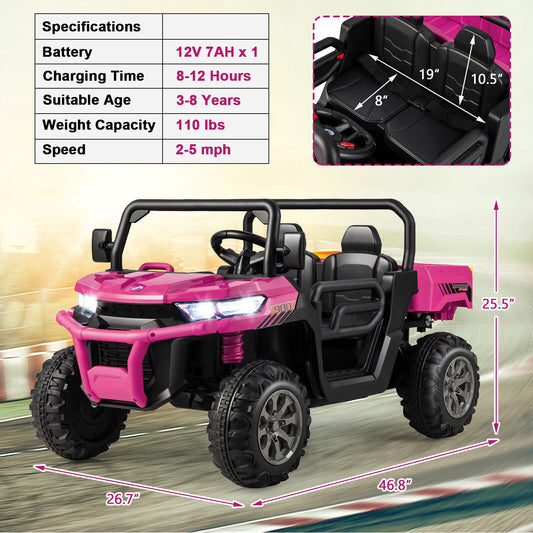12V Pink UTV Dump Truck Ride-On with Remote Control, Electric Dump Bed, and Shovel Attachment