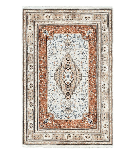 6x9 Vintage Indo-Persian Area Rug, Wool Hand-Knotted Carpet, Ivory & Squash Orange, Floral Medallion Tribal Rug, Indian Carpet, Decorative
