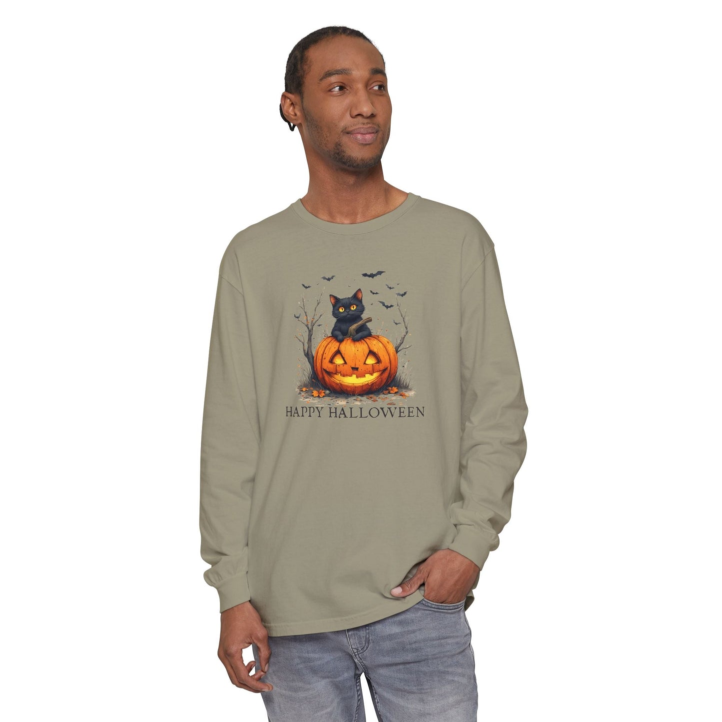 Happy Halloween Cat Long Sleeve Tee for Festive Cat Lovers