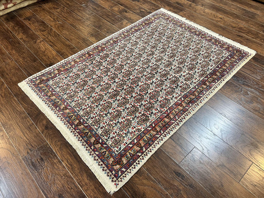 Persian Rug 4x6, Mashad Kashmar Rug, Boteh Paisley Design, Allover Repeated Pattern, Ivory Hand Knotted Vintage Semi Antique Persian Oriental Carpet
