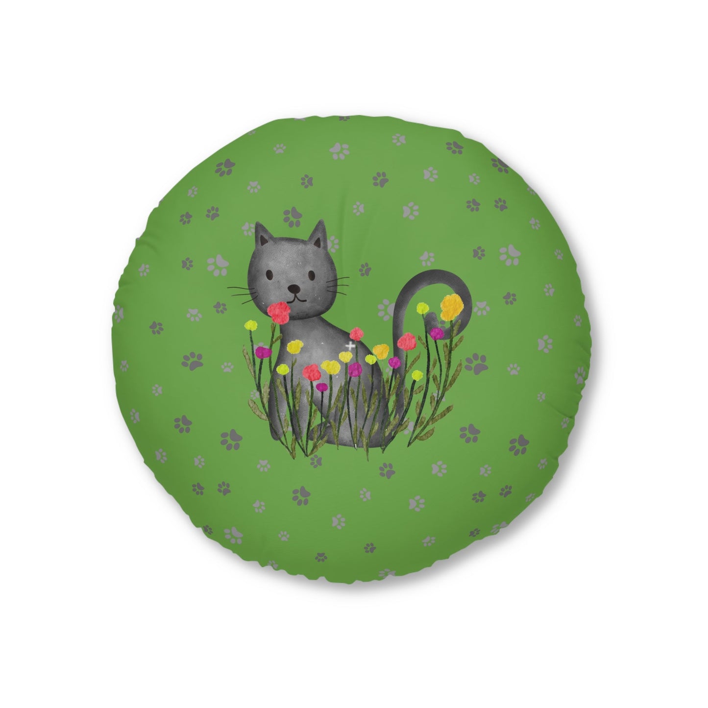Curious Garden Cat Round Floor Pillow – Green Paw Print Accent Cushion (26" or 30")
