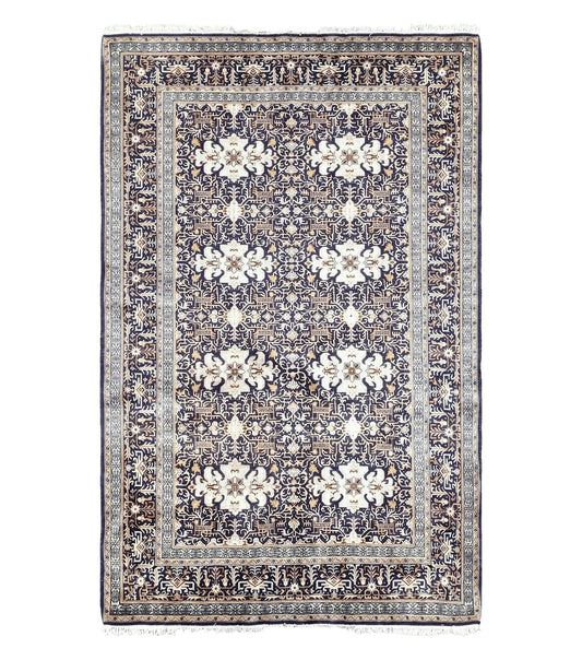 Navy Blue Persian Kashan Rug, Hand-Knotted, Wool, 4' 8" x 7' 4", Pair B