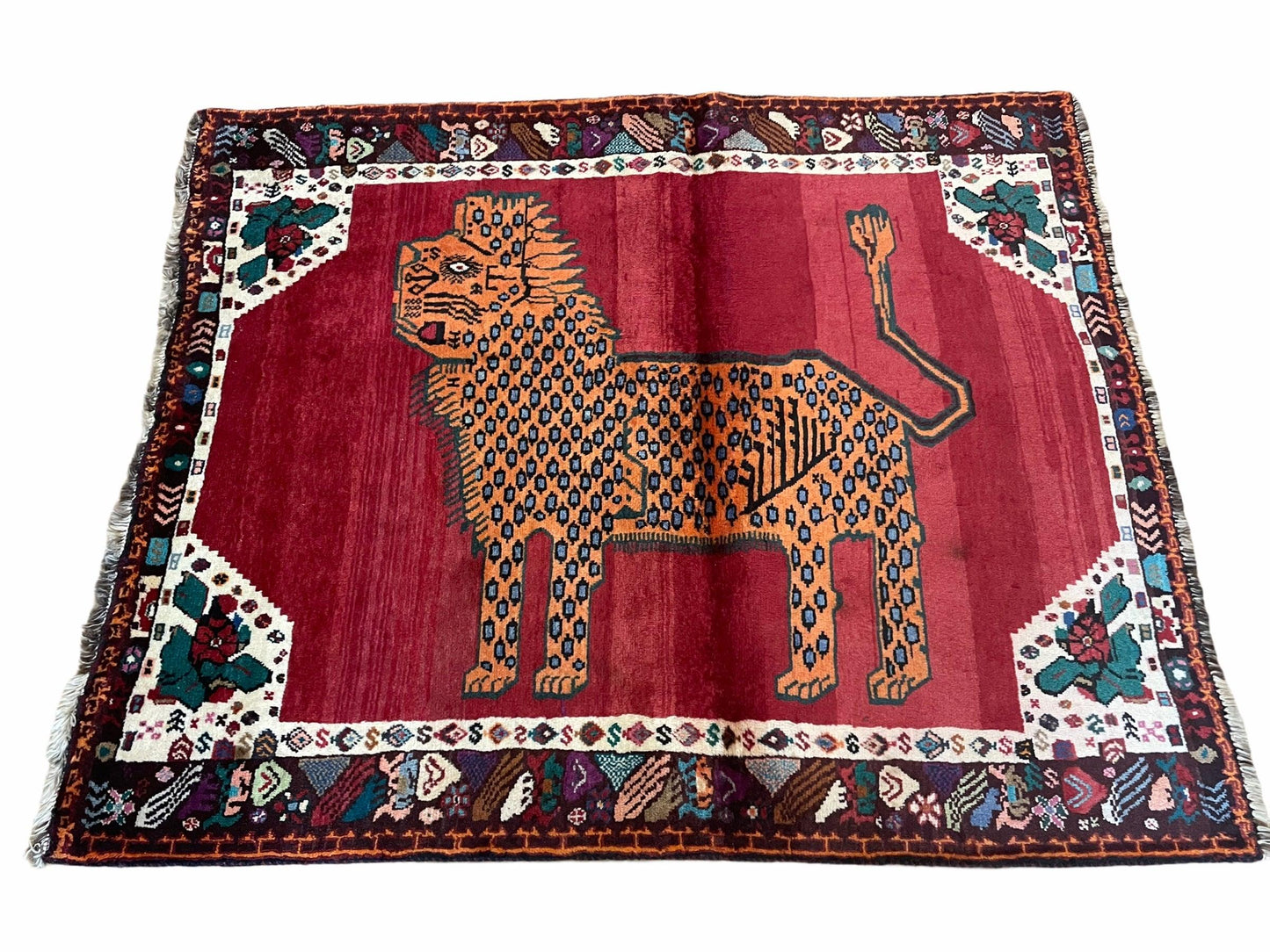 Antique Persian Gabbeh Wool Rug 4x5, Lion Pictorial Rug, Red Orange Black, Hand Knotted Handmade Vintage Gabbeh Carpet 4 x 5 ft, Tribal Rug