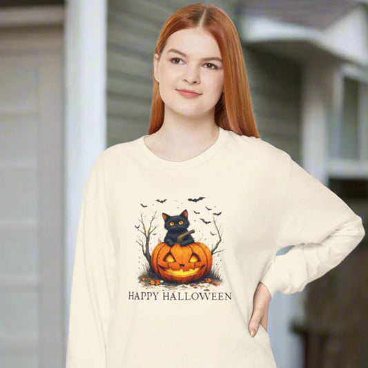 Happy Halloween Cat Long Sleeve Tee for Festive Cat Lovers