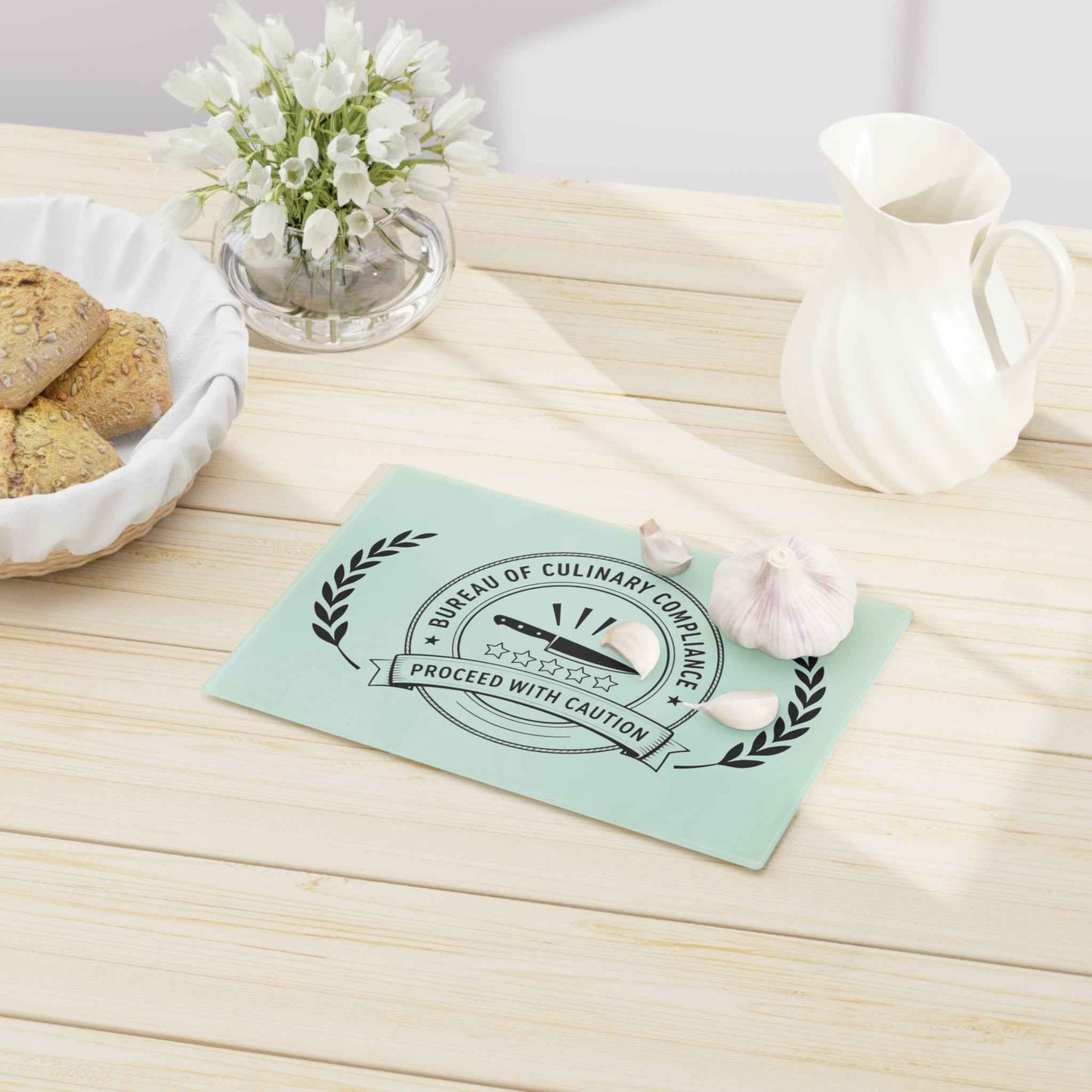 Bureau of Culinary Compliance Cutting Board – “Proceed With Caution” Glass Board