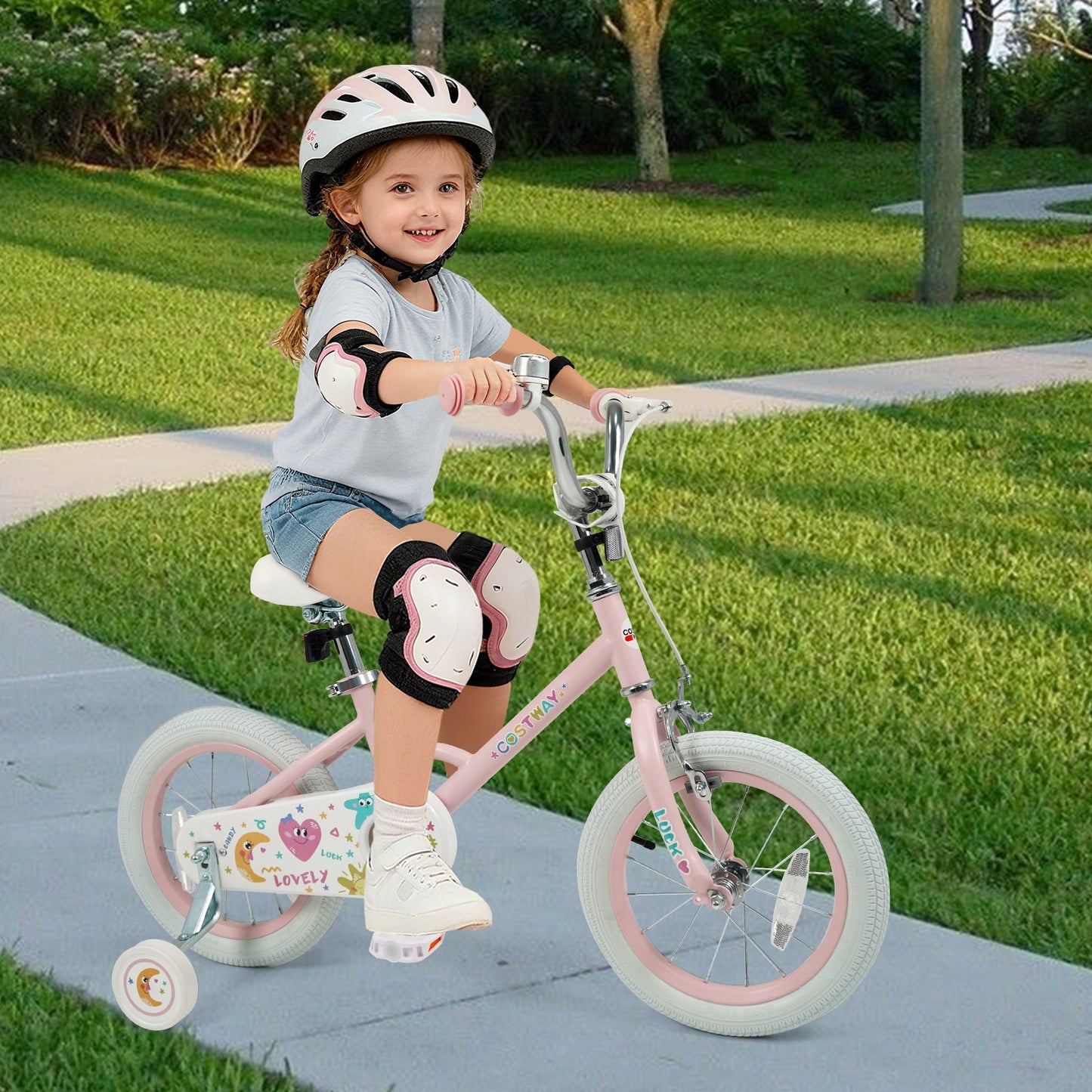 Kids Bike 12-18 Inch with Training Wheels - Pink Stars & Moon