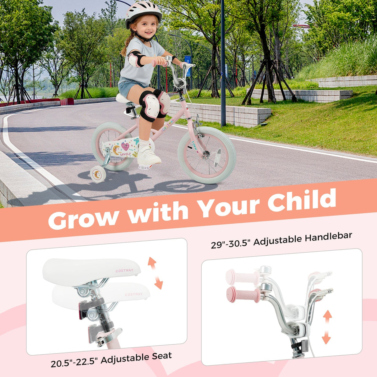 Kids Bike 12-18 Inch with Training Wheels - Pink Stars & Moon