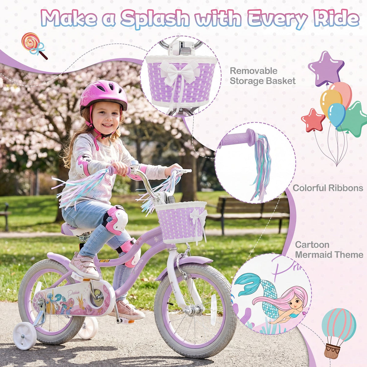 Kids Bike 12-20 Inch with Training Wheels & Basket Purple