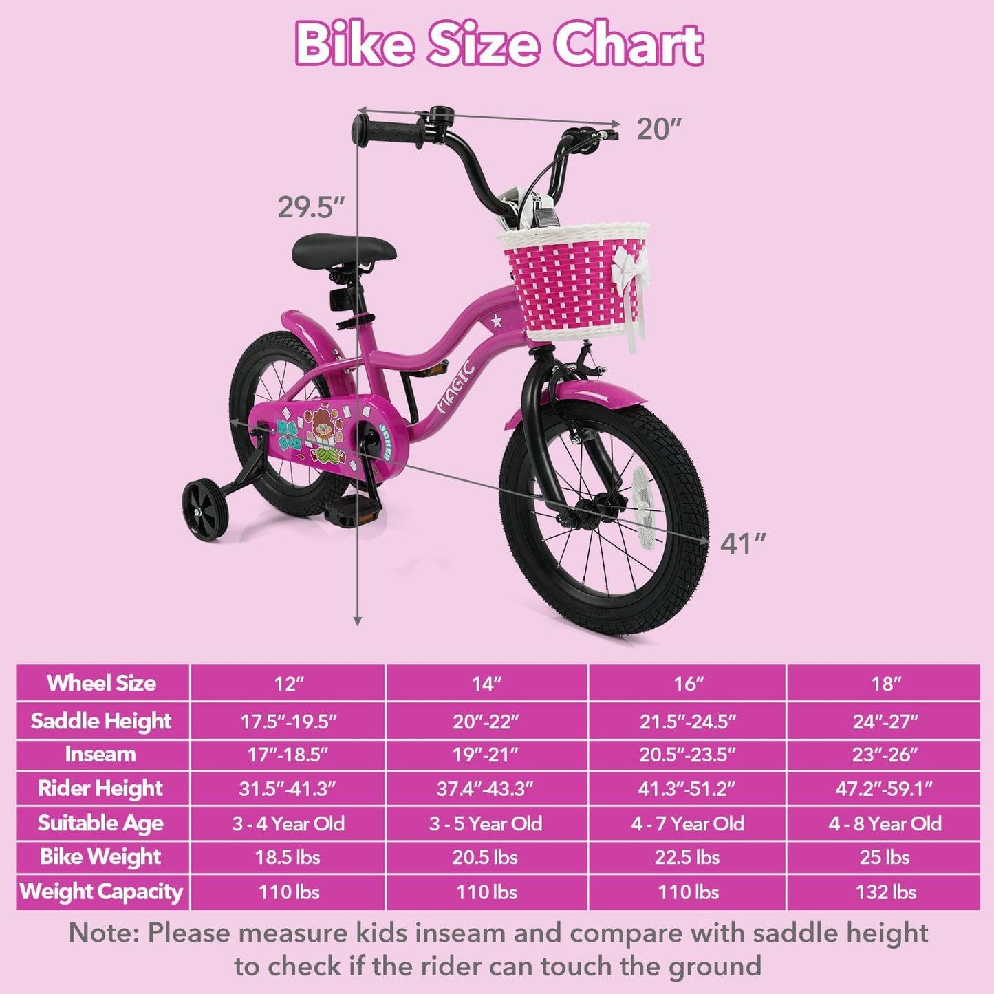 Kids Bike with Training Wheels 12-18 Inch - Magic Rose