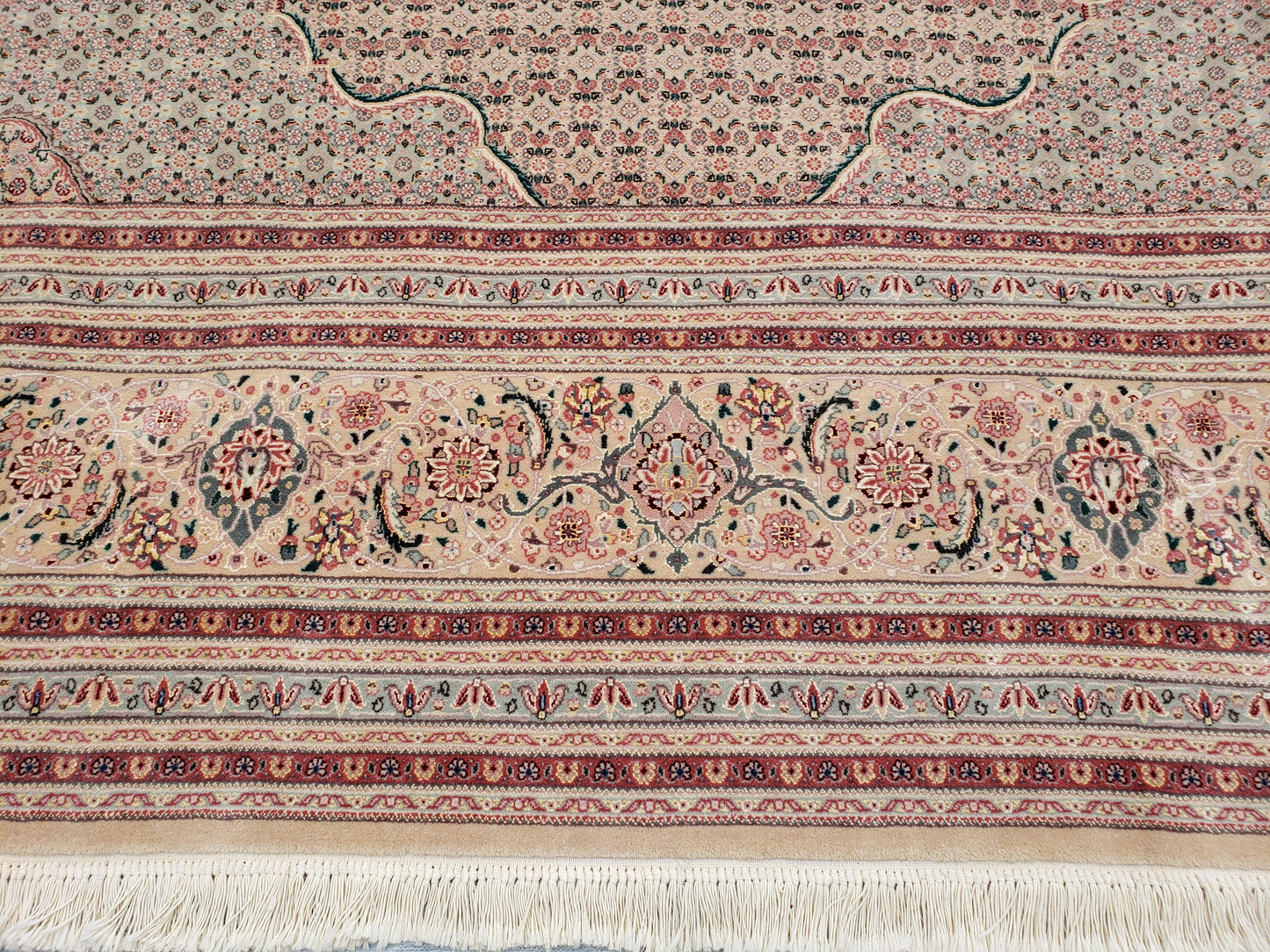 Stunning Oversized Pak Persian Oriental Rug 12x15, Hand Knotted Wool & Silk Palace Sized Carpet, Mahi Pattern, Very Fine, Peach Beige, Wow