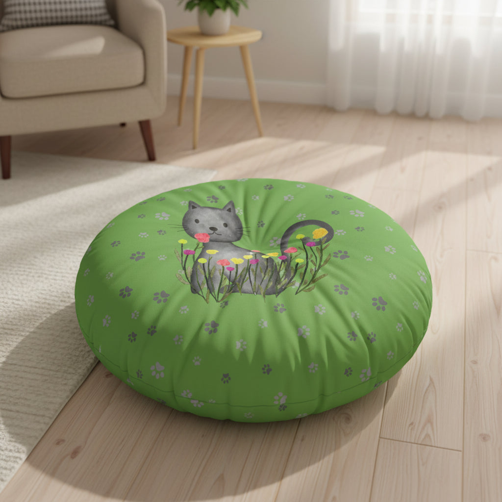 Curious Garden Cat Round Floor Pillow – Green Paw Print Accent Cushion (26" or 30")