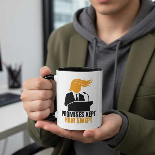 Promises Kept, Hair Swept — Two-Tone Coffee Mug (Political Parody)