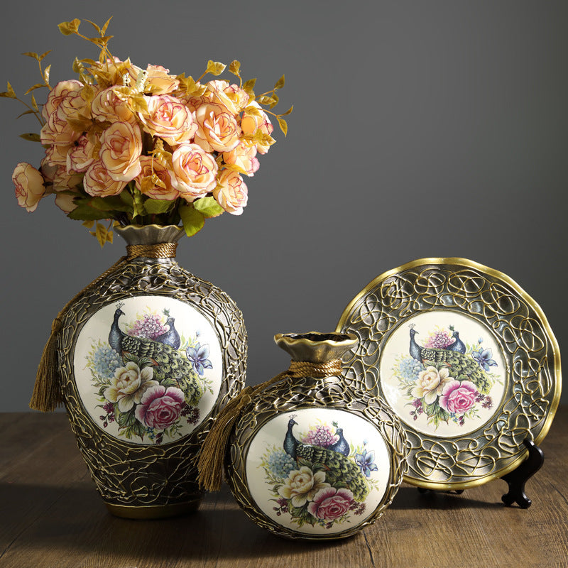 Creative Wedding Gift Home Furnishings Retro Ceramic Vase Living Room Three-Piece Wine Cabinet Decoration Ornaments