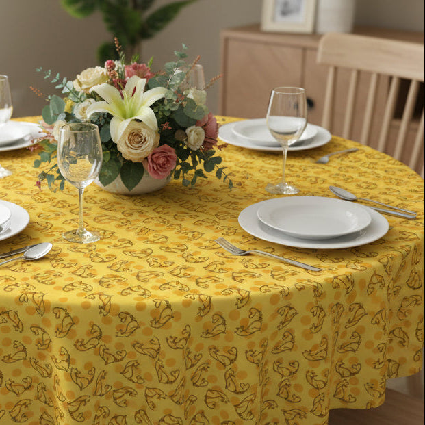 Golden Purr Cat Tablecloth – Minimalist Line Art Polka Dot Design (55" × 55")