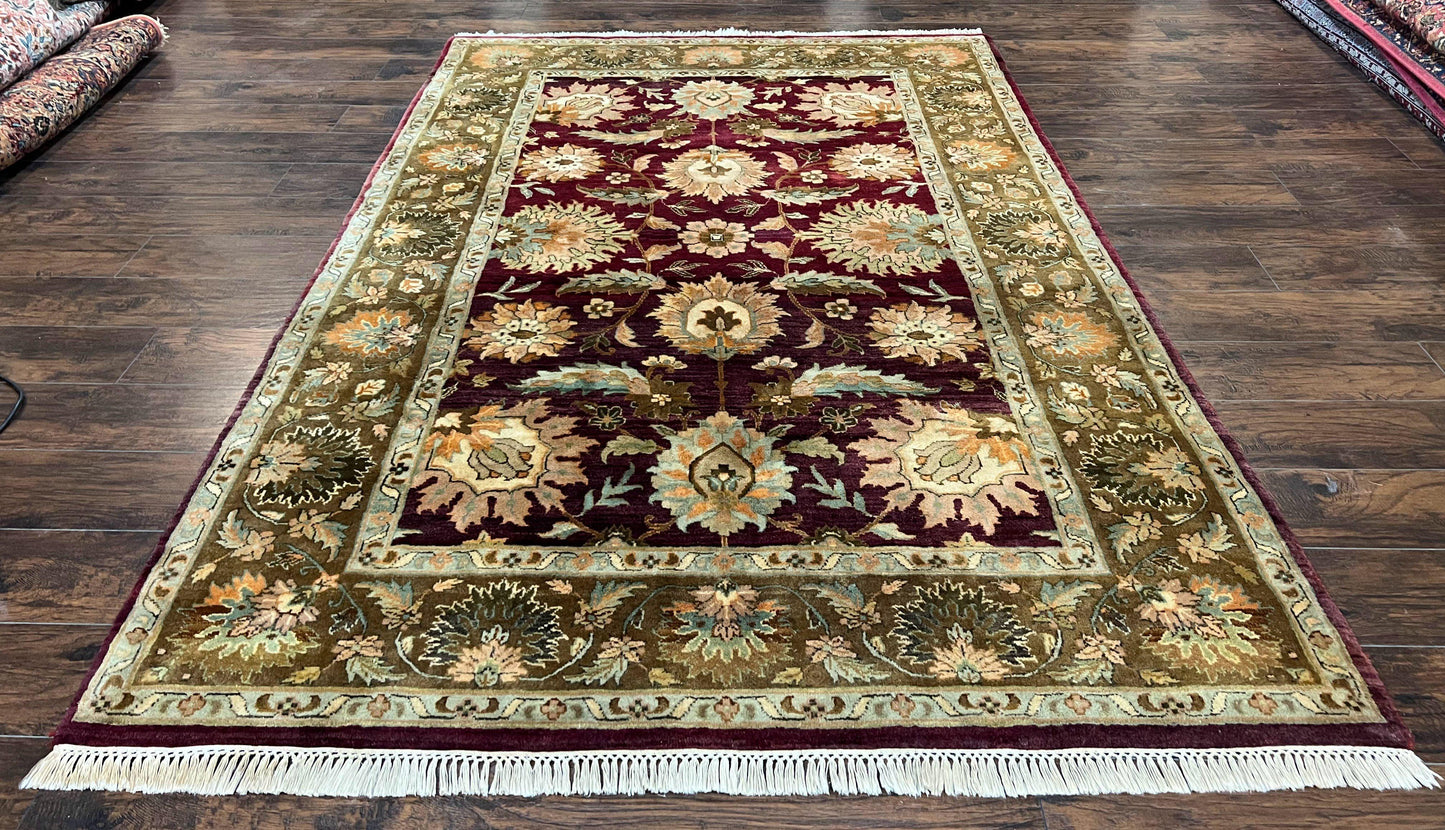 Indo Mahal Rug 6x9, Large Flowers Allover, Maroon and Green, Handmade Wool Area Rug, Vintage Rug, Indian Oriental Carpet, Hand Knotted Rug