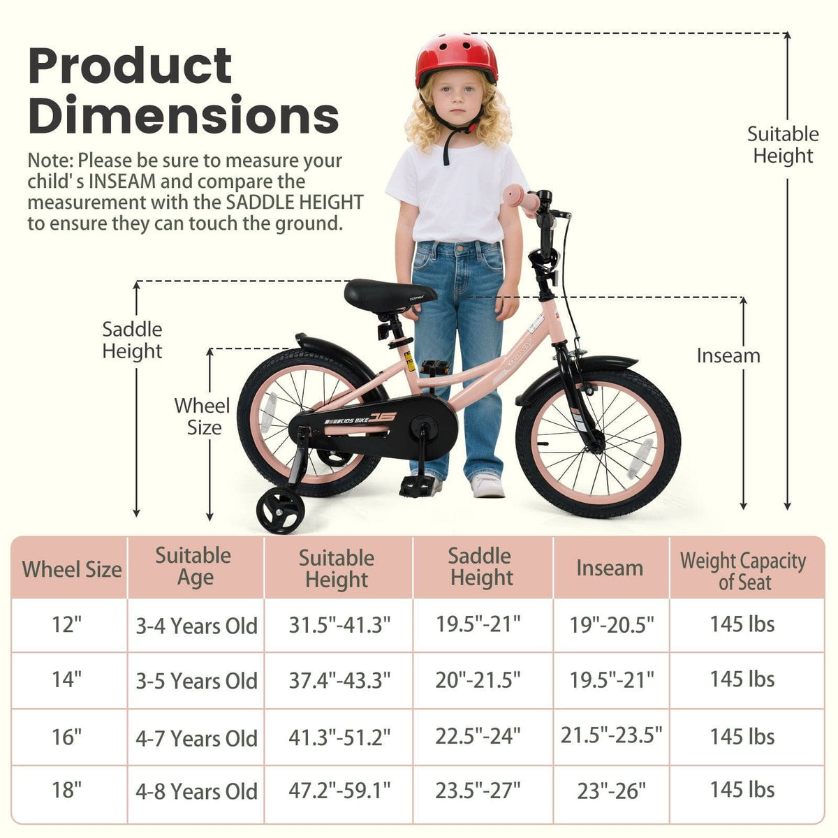 Kids Bike 12-18 Inch with Training Wheels - Pink