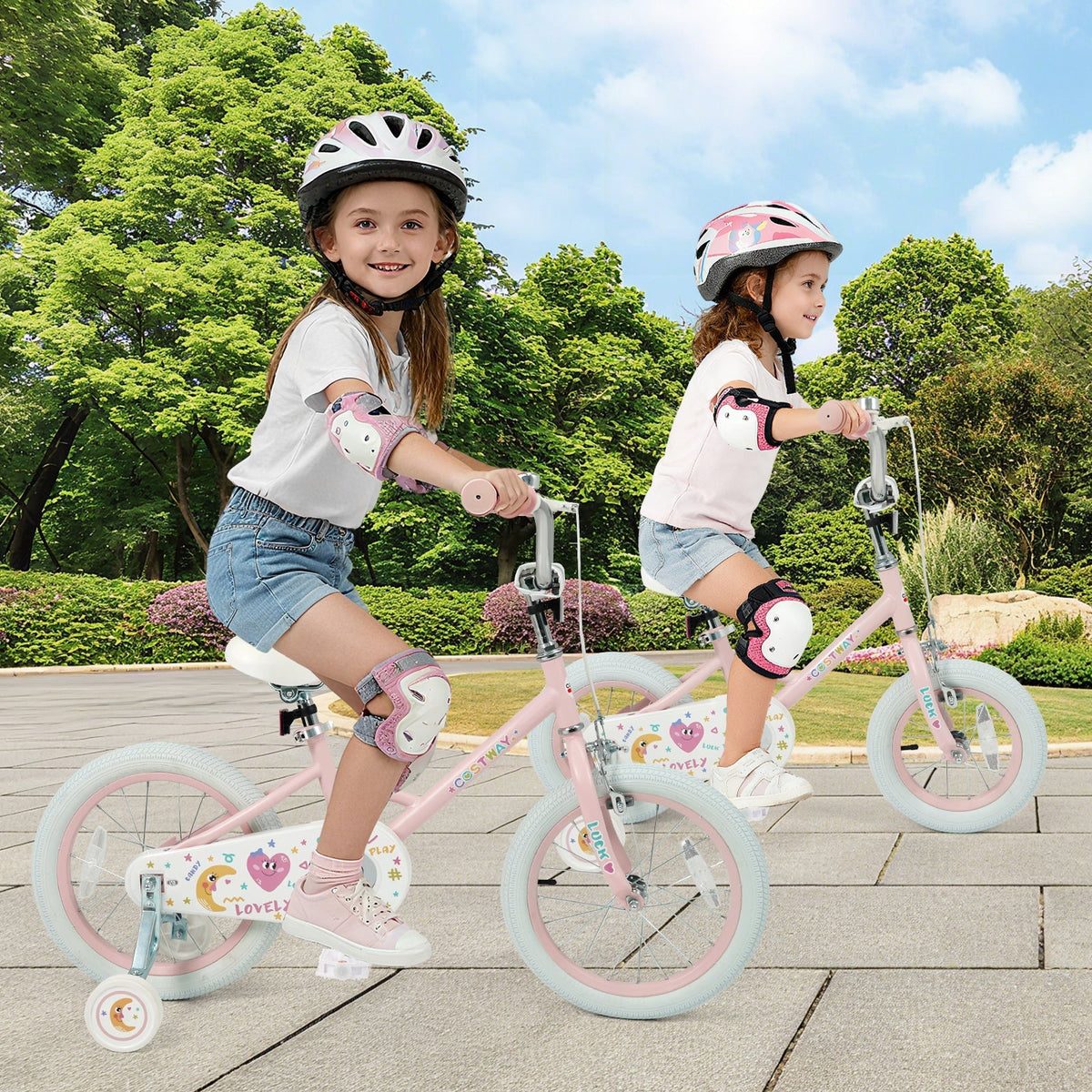 Kids Bike 12-18 Inch with Training Wheels - Pink Stars & Moon