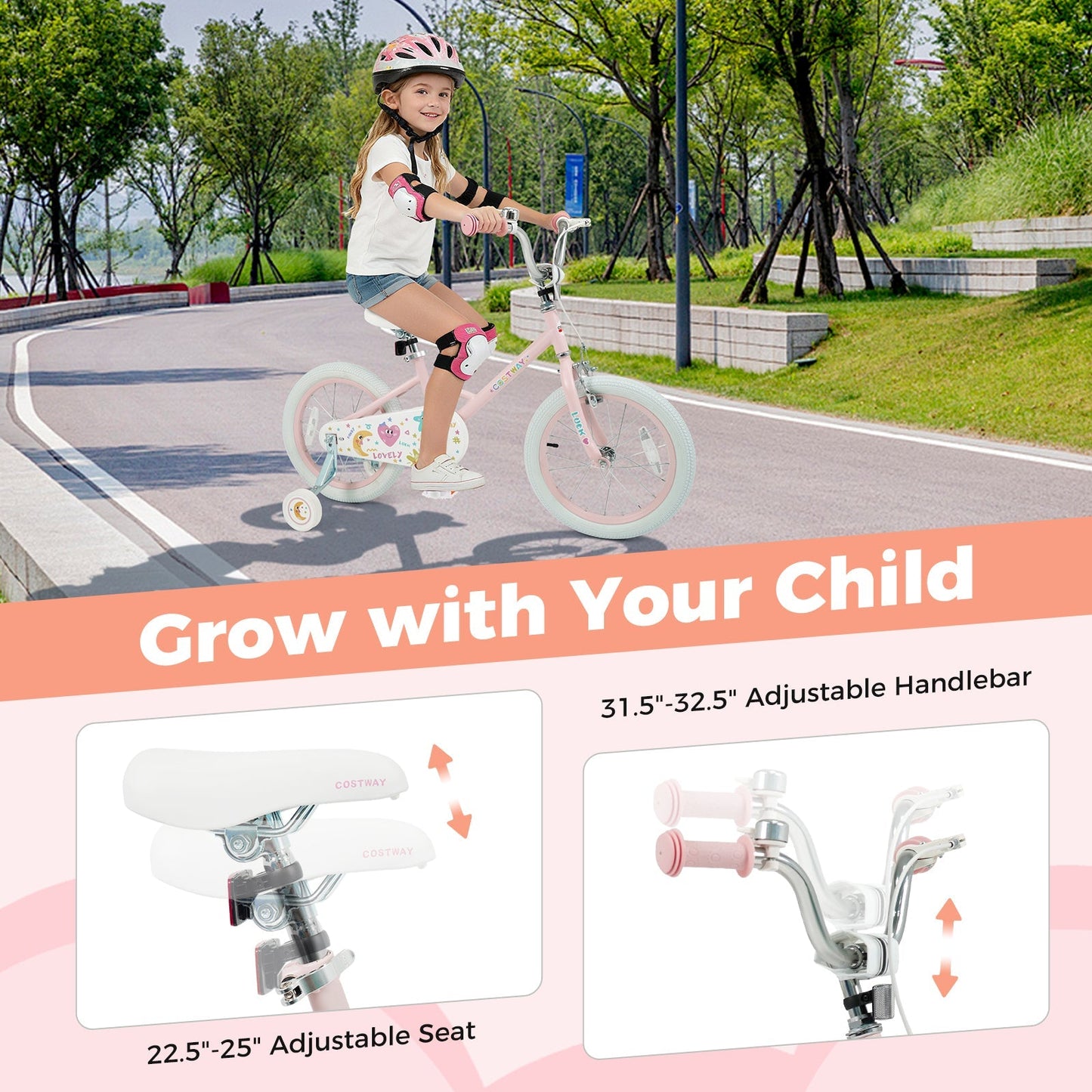 Kids Bike 12-18 Inch with Training Wheels - Pink Stars & Moon
