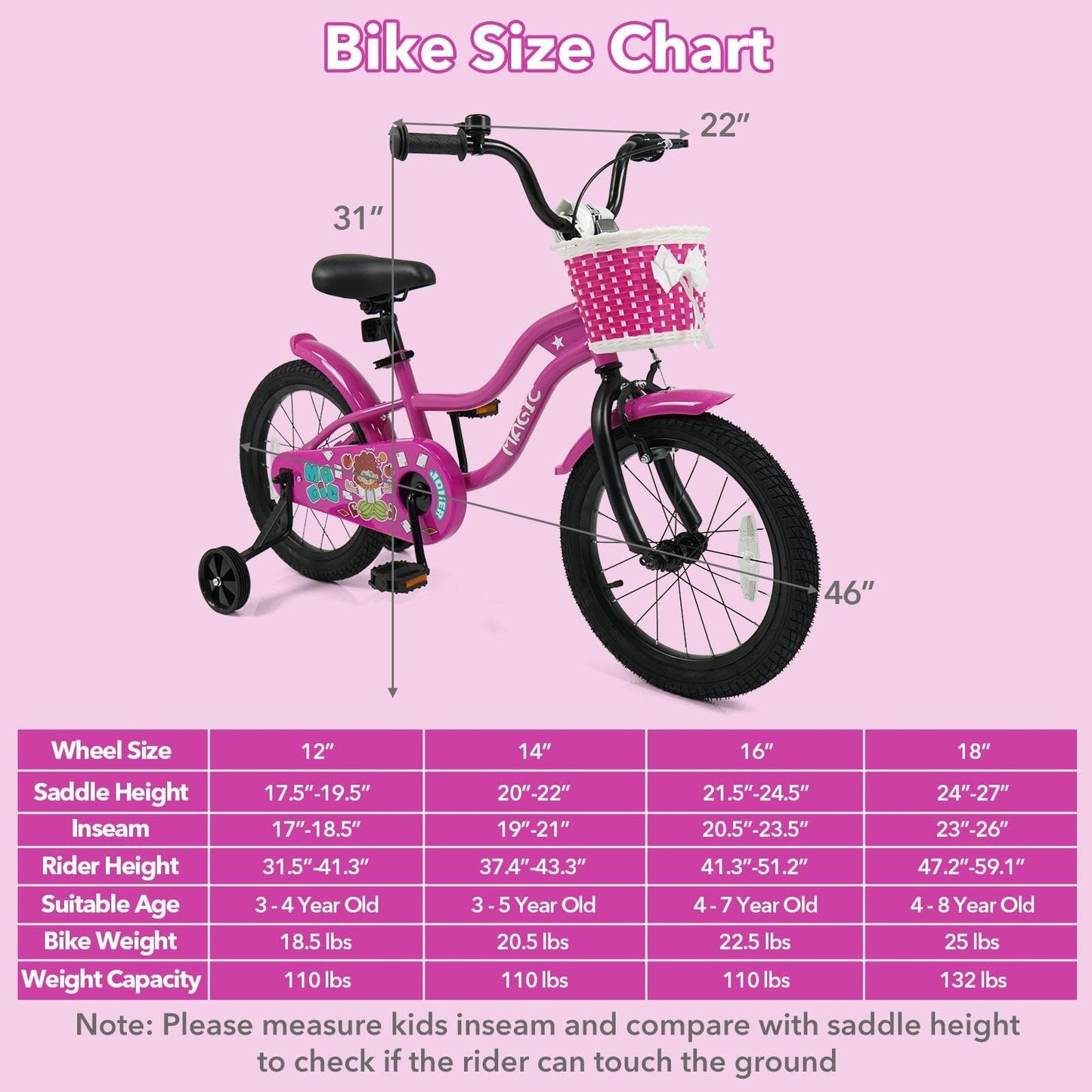 Kids Bike with Training Wheels 12-18 Inch - Magic Rose
