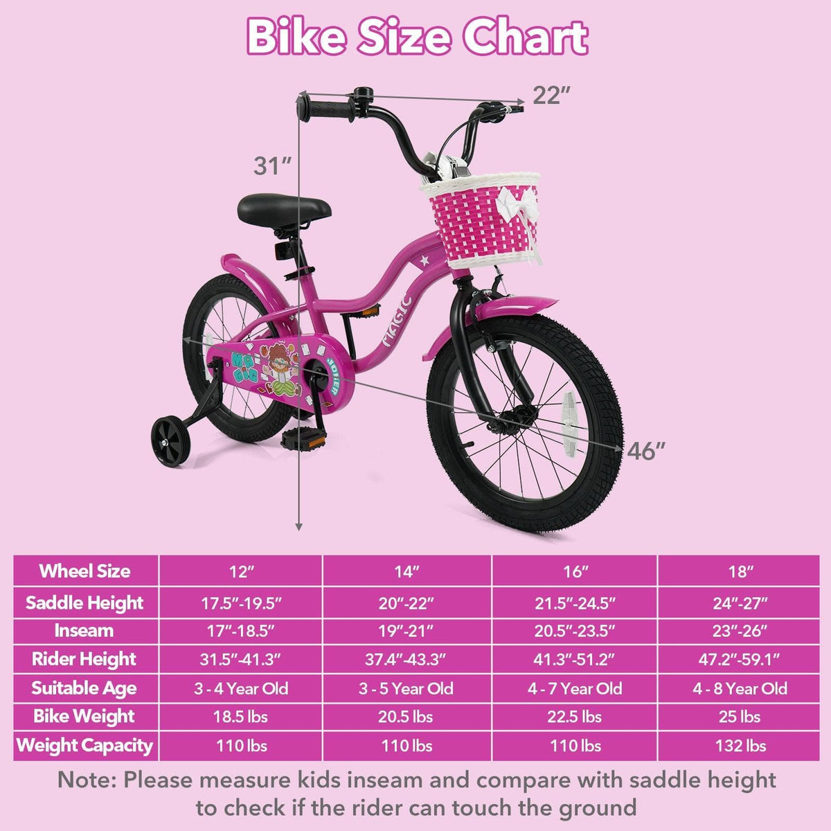 Kids Bike with Training Wheels 12-18 Inch - Magic Rose