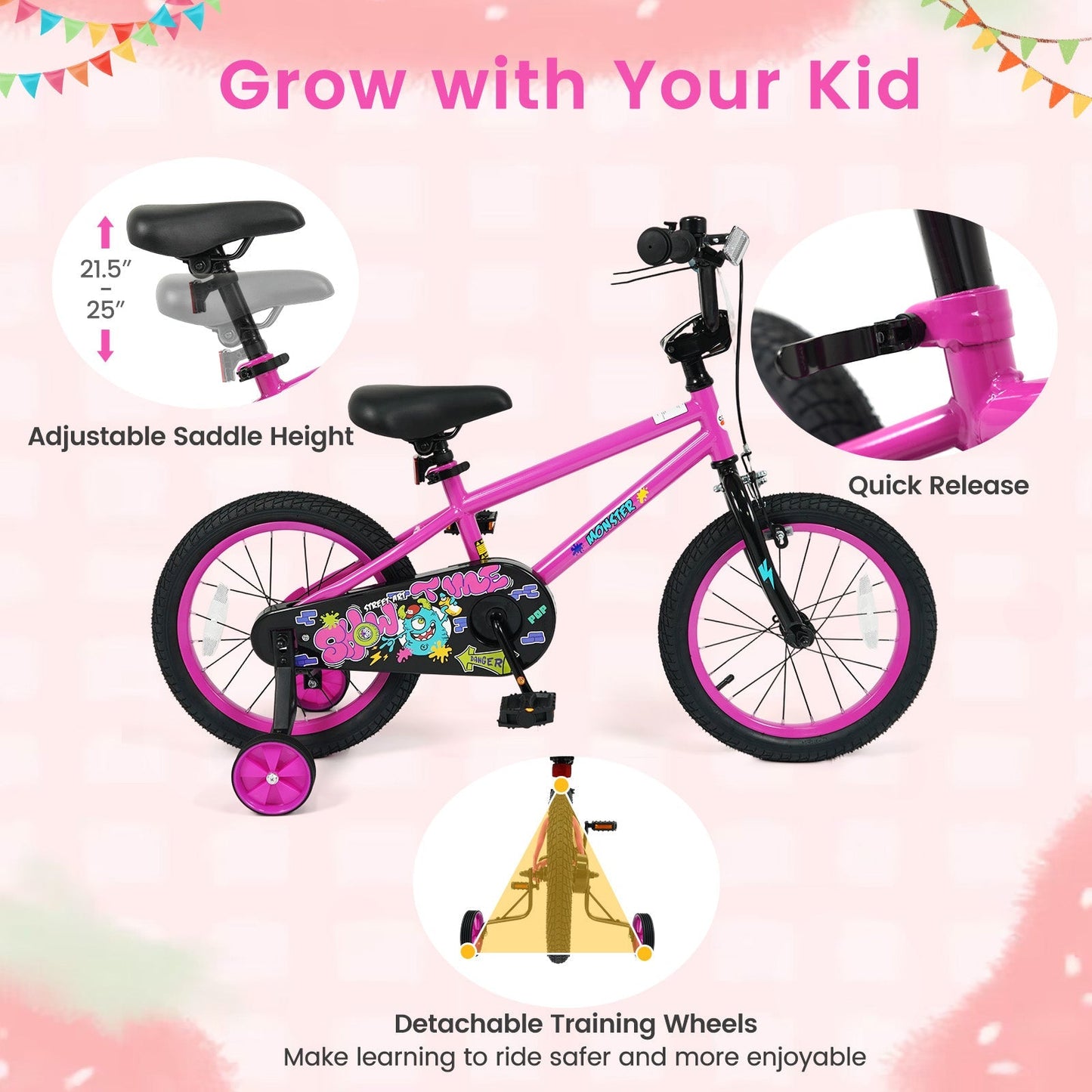 Kids Bike with Training Wheels 12-18 Inch Pink