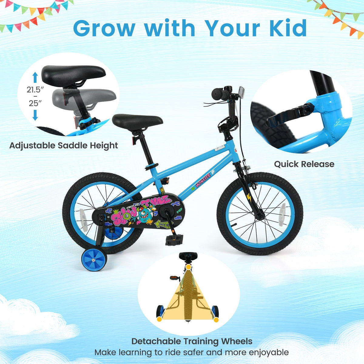 Kids Bike 16 Inch with Training Wheels Ages 4-7