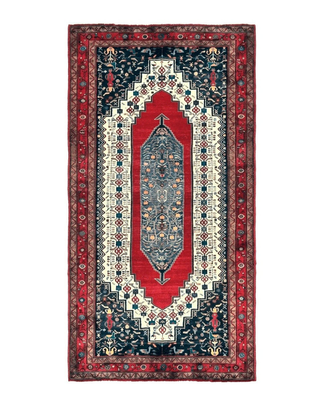 Persian Rug 5x12 ft, Red Cream Navy Blue, Pictorials, Hand Knotted Handmade Wide Runner Tribal Bidjar Semi Antique Wool Geometric Oriental Rug