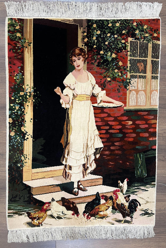 Persian Tabriz Pictorial Rug 2x3, Fine High KPSI Pictorial Carpet, Lady in Front of Home with Chickens 2 x 3 ft Oriental Rug Vintage Handmade Wool