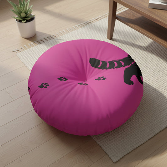 Midnight Cat Walk Round Floor Pillow – Hot Pink Paw Print Cushion (26" or 30")