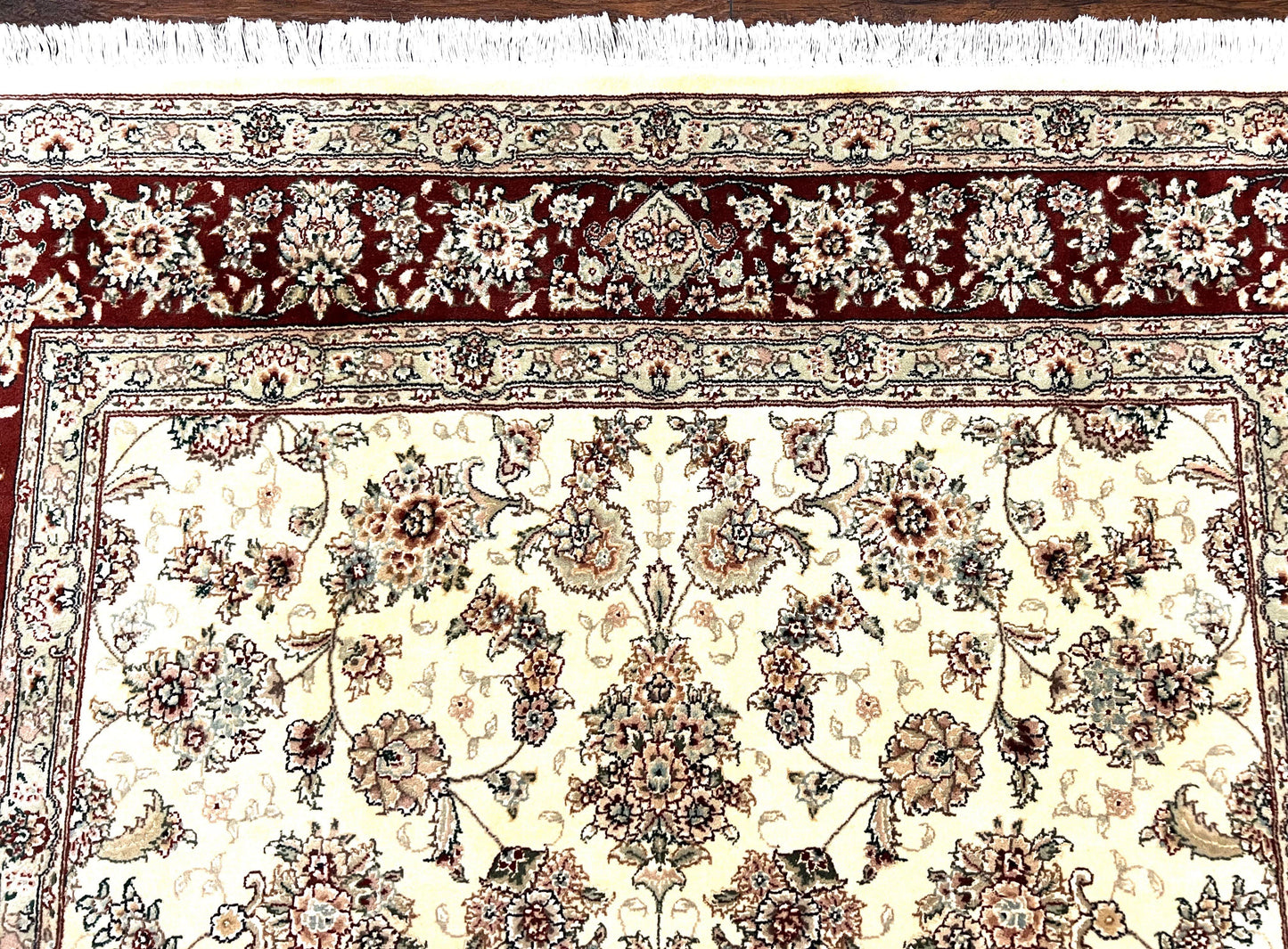 Pak Persian Rug 6x9, Floral Allover Carpet 6 x 9 ft, Cream and Maroon Hand Knotted Wool and Silk Fine Oriental Rug, Traditional Vintage Rug