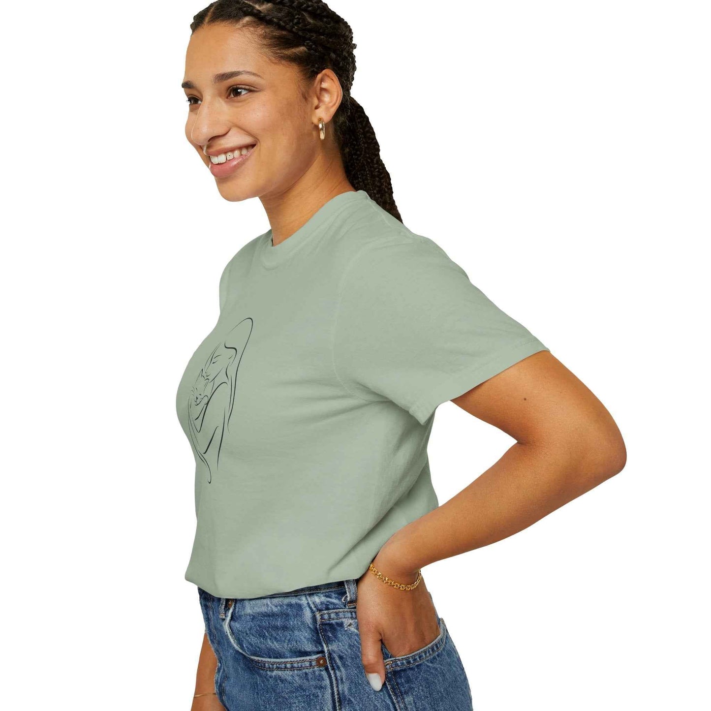 Mother & Cat Embrace T-Shirt | Minimal Line Art Cat Mom Shirt