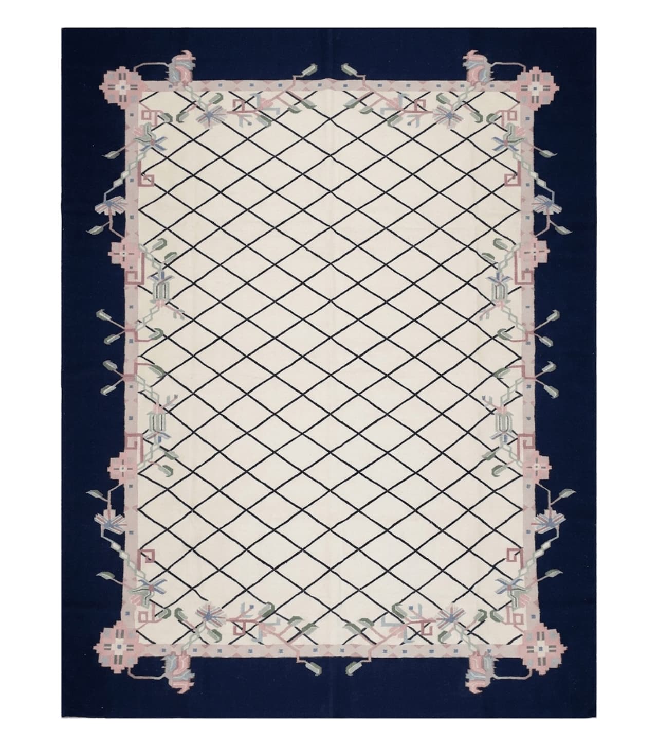 Vintage Dhurrie Rug, Indian Dhurrie 8x11 - 9x11, Wool Hand-Woven Ivory & Black Indo Carpet, Large Flat Weave Rug Living Room Rug Black White