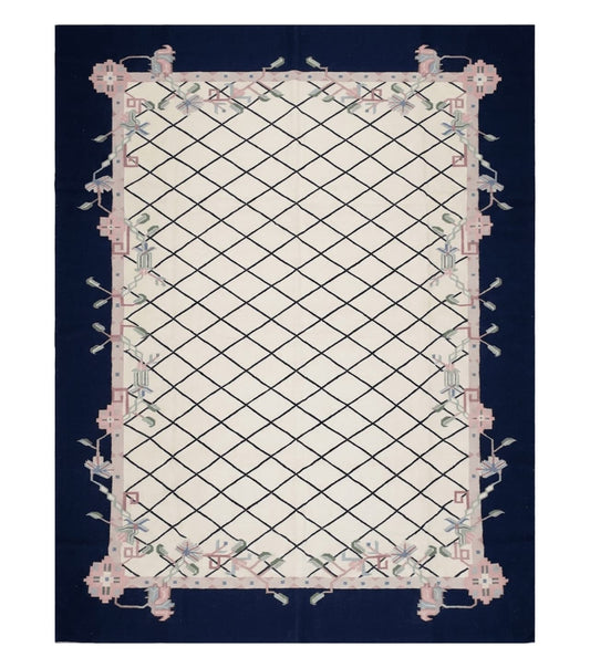 Vintage Dhurrie Rug, Indian Dhurrie 8x11 - 9x11, Wool Hand-Woven Ivory & Black Indo Carpet, Large Flat Weave Rug Living Room Rug Black White