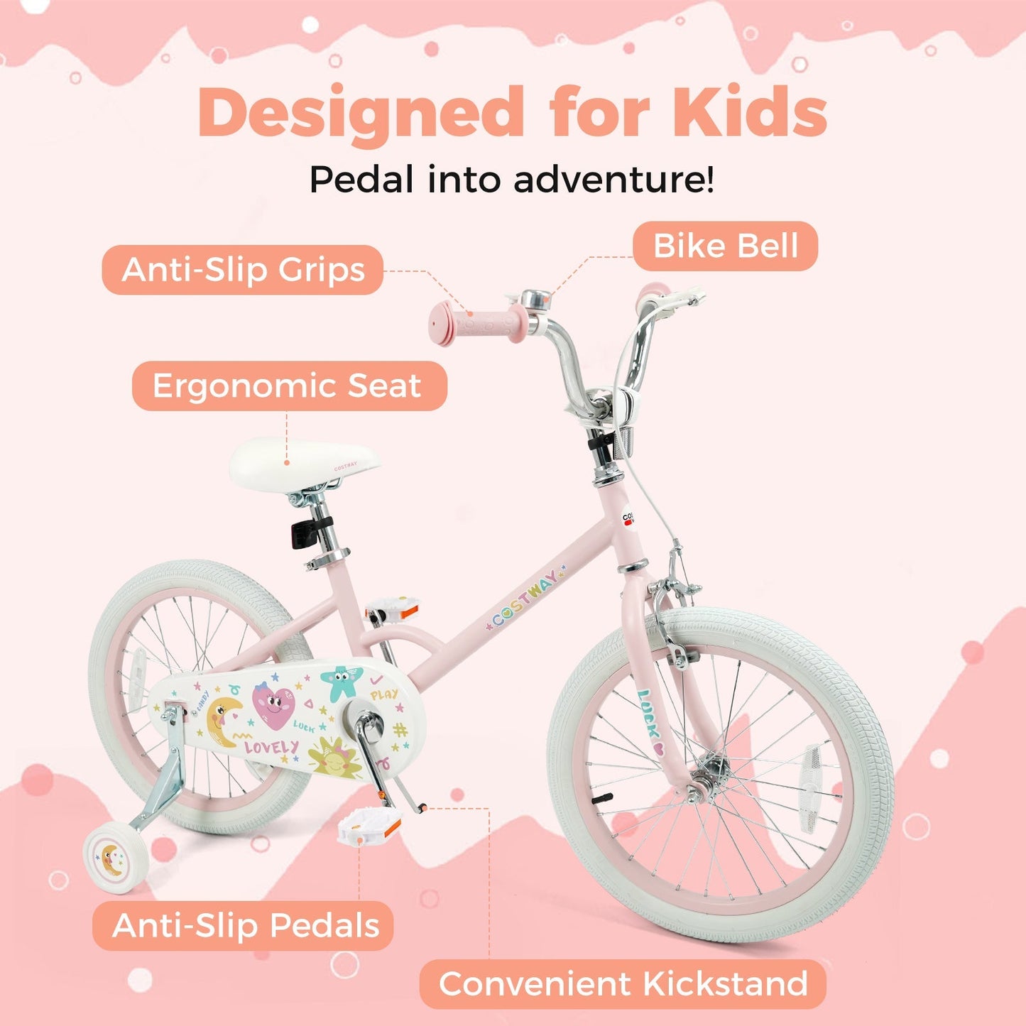 Kids Bike 12-18 Inch with Training Wheels - Pink Stars & Moon