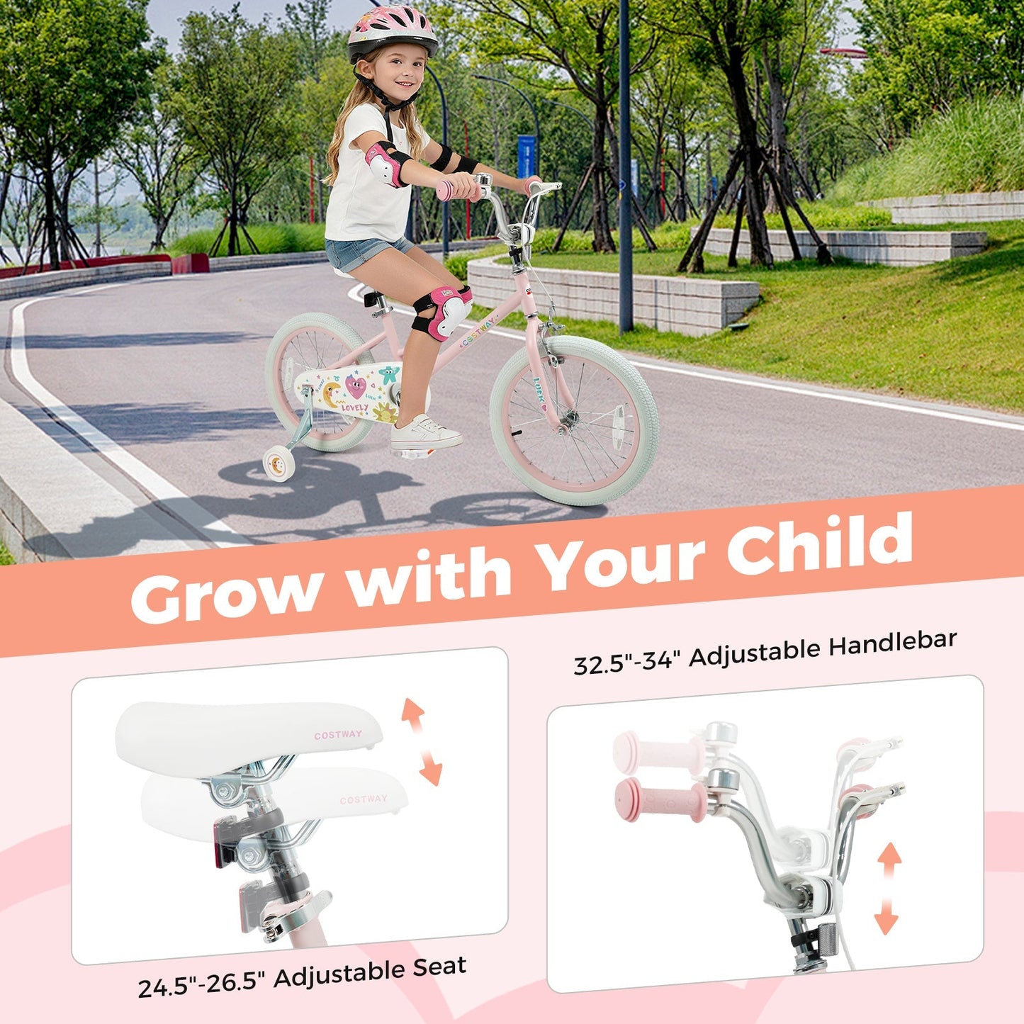 Kids Bike 12-18 Inch with Training Wheels - Pink Stars & Moon
