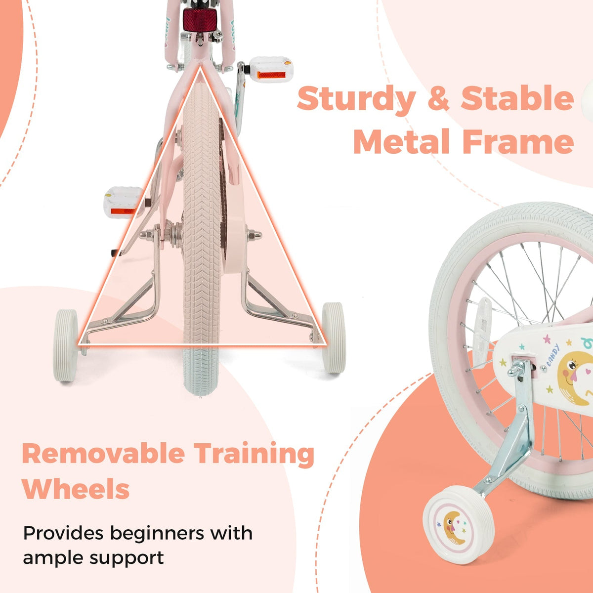 Kids Bike 12-18 Inch with Training Wheels - Pink Stars & Moon