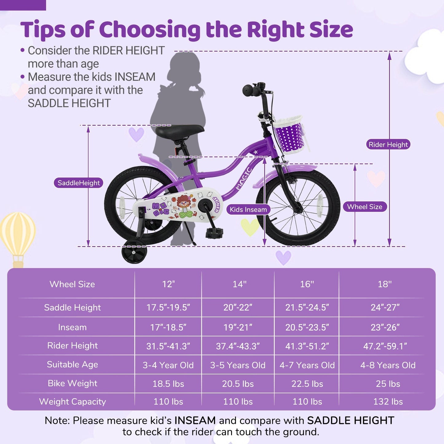 Kids Bike with Training Wheels 12-18 Inch - Purple