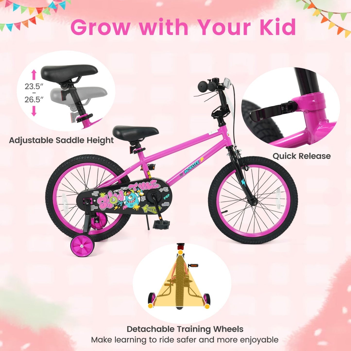 Kids Bike with Training Wheels 12-18 Inch Pink